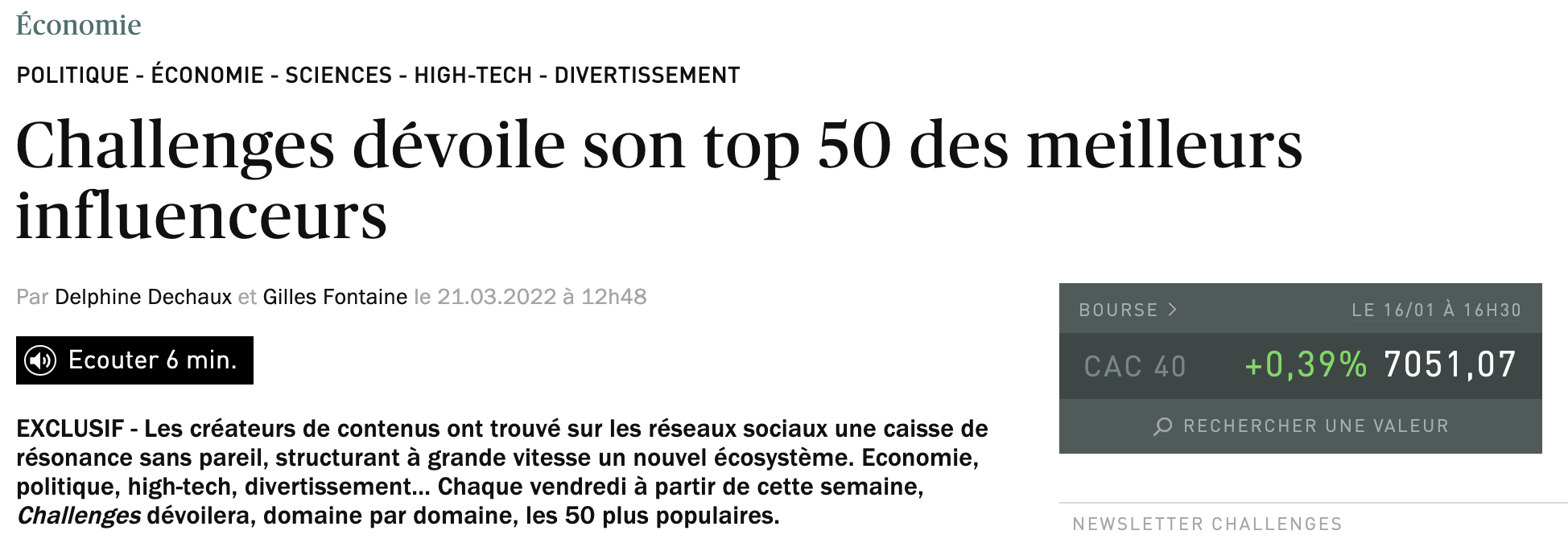 Plusieurs influenceurs issus du classement Challenges - Mascaret