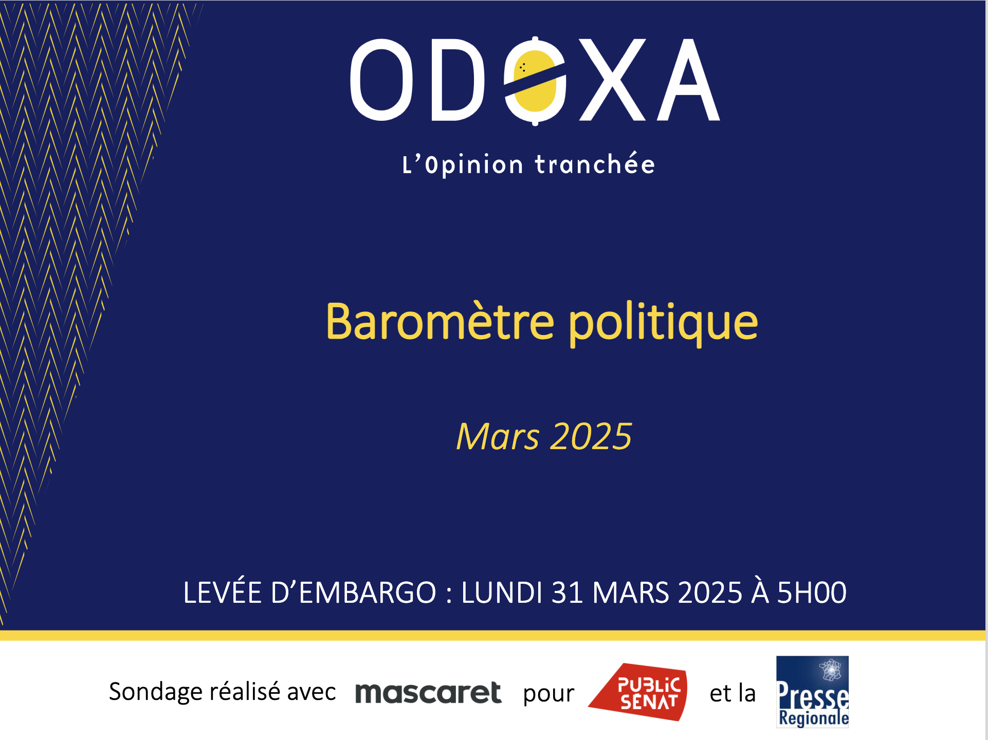 Baromètre politique Odoxa-Mascaret – Mars 2025 : Marine Le Pen s’envole… mais Bardella est bien placé pour reprendre le flambeau